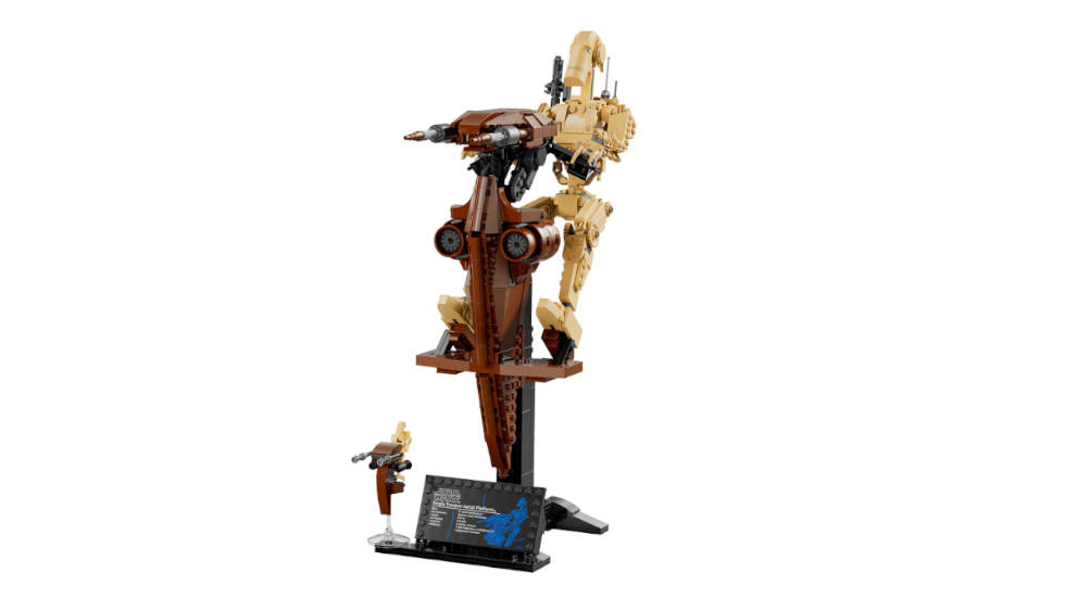 The LEGO Star Wars Battle Droid on STAP (75428) built on its stand with a plaque and a small minifig of an identical Battle Droid