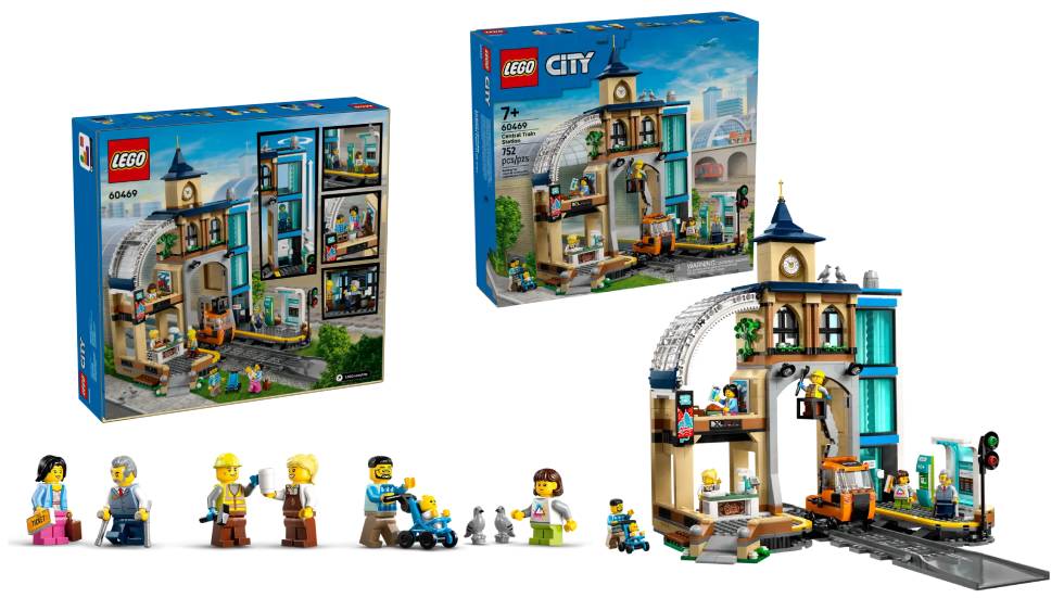 LEGO CIty Central Train Station (60469) complete with detailed platform and a nearby coffee as well as a working elevator that takes minifigs up to the top floor where the dispatcher oversees the signalling and railway system