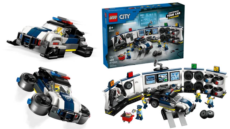 LEGO City Custom Police Car Garage (60457) set for summer 2025 complete with a turn platform for reparing vehicles and a number of mechanics minifig as well as a police officer who is enjoying a cup of coffee and donuts