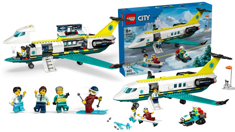LEGO City Emergency Air Ambulanec Airplane (60465) set with a rescue snow jet ski and minifigs of an injured skier, a pilot, a doctor and a paramedic