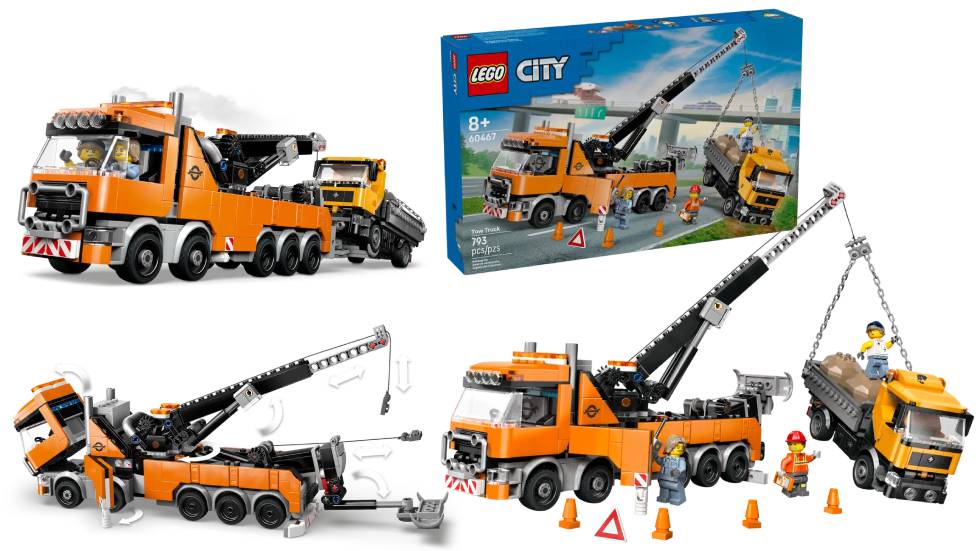 LEGO City Heavy Duty Recovery Tow Truck with Crane (60476) with the tow truck equipped with a movable and functional crane and a truck stranged and being pulled out and then towed away by the tow truck