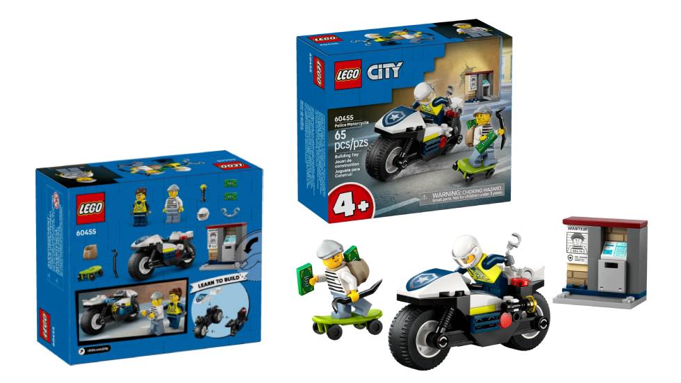 LEGO City Police Motorcycle Chase (60455) set for summer 2025 with a police on a bike chasing after an ATM robber on a skateboard