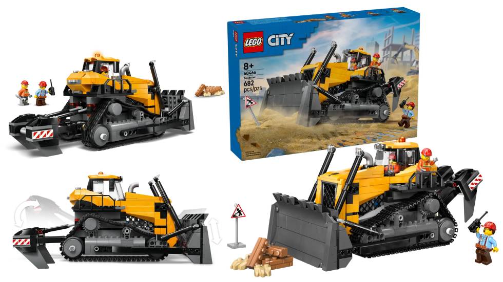 LEGO City Yellow Bulldozer 60466 Set for summer 2025, with the toy moving debris around, and whocasing its movable parts as well as minifigs ngaged all over the Yellow Bulldozer