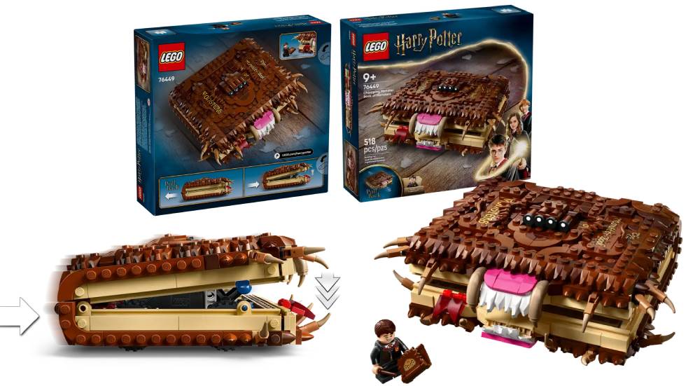 LEGO Harry Potter Chomping Monster Book of Monsters (76499) summer set for 2025, complete with a miniature of Harry Potter and an outsized Monster Book of Monster with movable covers, trying to eat Harry Potter