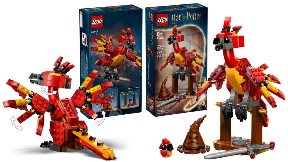 LEGO Harry Potter Fawkes Dumbledore's Phoenix (76448) summer set for 2025 with Fawkes perched on a gold perch, the Sorting Hat and Gryffindor's Sword