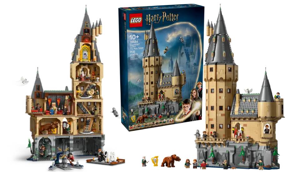 LEGO Harry Potter set 76454 Hogwarts Castle: The Main Tower from summer 2025, showing the tower’s facade, interior rooms, and multiple minifigures highlighting the play features