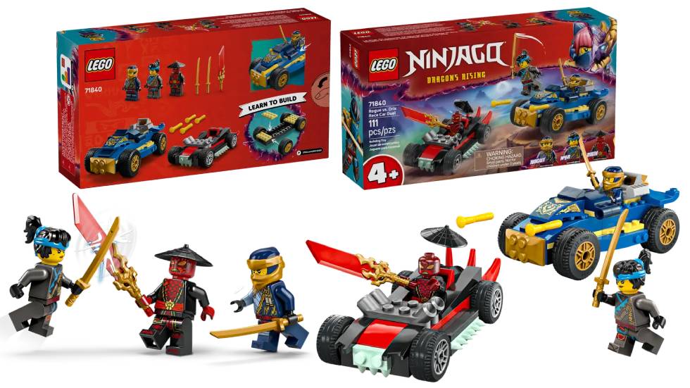 The LEGO Ninjago Rogue vs Drix Race Car Duel (71840) with the race cars and all minifigs pointing large swords