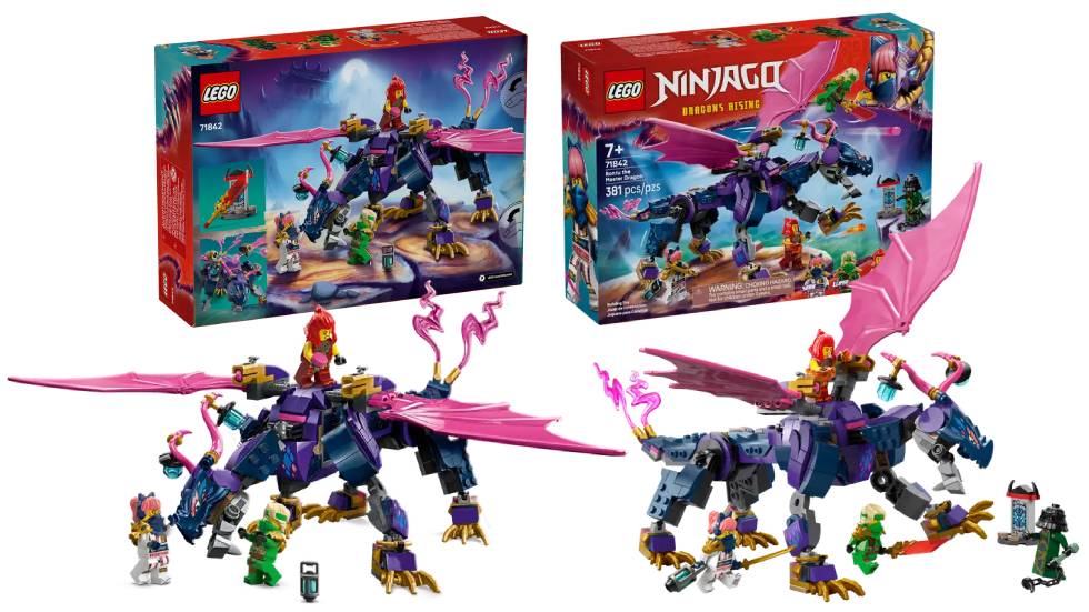 LEGO Ninjago Rontu the Master Dragon (71842) set with the dragon model built, the boxes featured and multiple minifigs