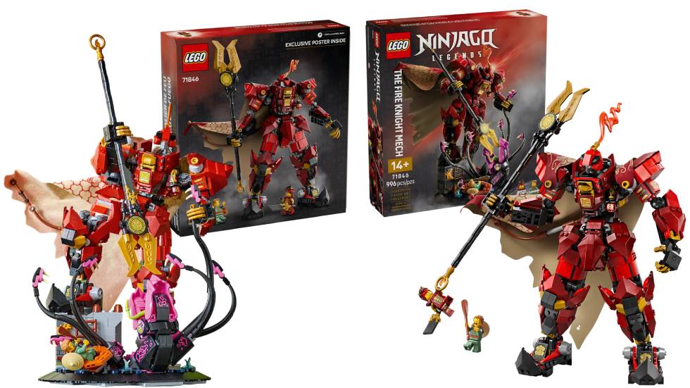 The LEGO Ninjago The Fire Knight Merch (71846) and a minifigt,with a bit of scenery on the base.