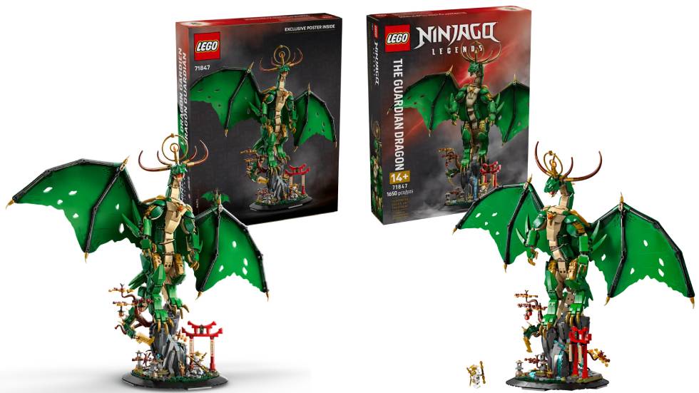 The LEGO Ninjago The Guardian Dragon (71847) with the built dragon and a small minifig for contrast.