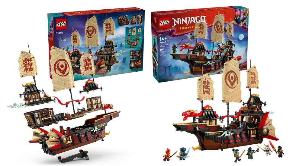 LEGO Ninjago: The Temple Bounty (71848) set complete with the built ship and six minifigs displayed.