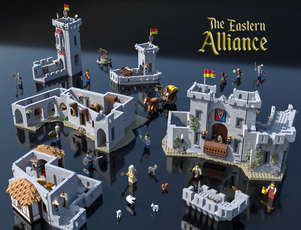 BrickLink Designer Program Season 8 The Eastern Alliance set, complete with minifigs and modular buildings, demonstrated to potential backers in its full splendor