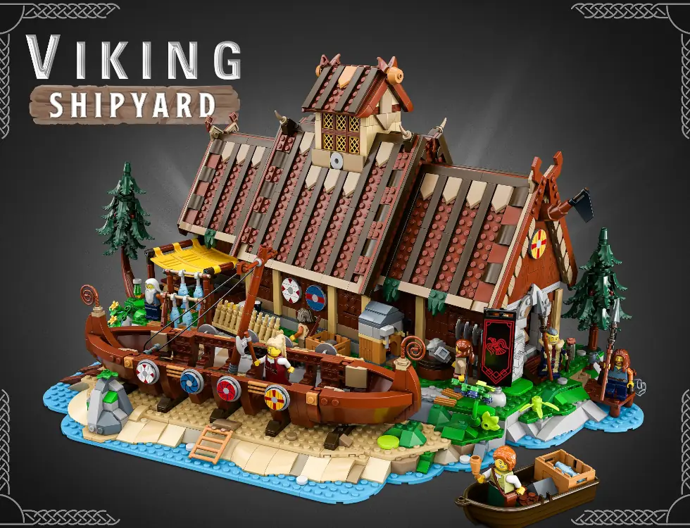 The Viking Shipyard for the LEGO BrickLink Designer Program Season 8, a truly magnificient build that features several boats, a shipyard and ship building place, and numerous minifgis